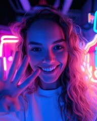 Aufkleber - Neon Streaming Aesthetic Gen Z Digital Creator Capturing Vibrant Selfie Content with Expressive Personal Branding and Immersive Cyberpunk Lighting Experience