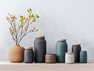 Poster - Curated collection of diverse storage containers including cardboard wicker and metallic pieces neatly displayed on a light wooden tabletop in a clean contemporary Scandinavian inspired aesthetic