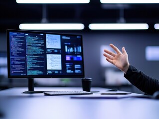 Poster - Business professional engaged in virtual meeting in a dark room with focused expression and high-tech equipment present