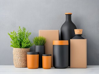 Poster - Curated collection of versatile storage vessels   cardboard boxes wicker baskets and metallic containers neatly arranged on a light toned wooden table  Highlighting the textures shapes