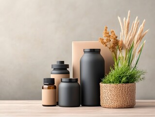 Poster - Curated collection of versatile storage vessels including cardboard boxes wicker baskets and metallic containers neatly arranged on a light toned wooden table  Highlighting the textures shapes