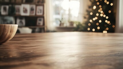 Poster - Festive Minimalist Product Mockup Rustic Oak Surface with Soft Holiday Bokeh - Cozy Home Branding and Seasonal Marketing Backdrop