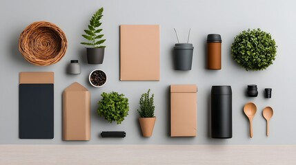 Poster - Curated flat lay featuring an assortment of versatile storage solutions including cardboard wicker and metal containers styled on a light wooden tabletop for a chic and functional display