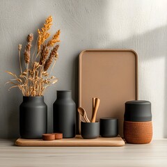 Poster - Curated flat lay highlighting a selection of versatile storage containers featuring cardboard wicker and metal pieces staged on a light wooden surface