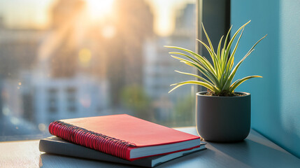 Poster - Red notebook and gray notebook on table near window, sunlit plant in pot, cityscape backdrop, showcasing calm workspace scene, ideal for office or study concepts