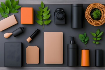 Poster - Curated flat lay showcasing an eclectic arrangement of storage containers in cardboard wicker and metal artfully displayed on a light wooden surface conveying a sense of modern