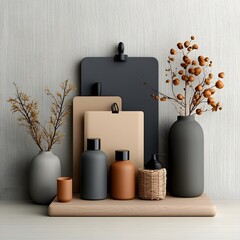 Poster - Curated minimal monochrome vignette highlighting a selection of versatile storage containers featuring cardboard wicker and metal pieces