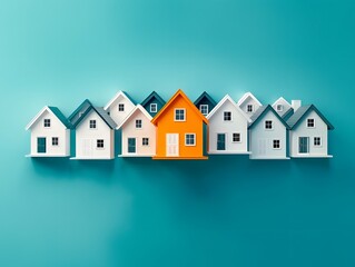 Poster - detailed depicting a series of identical white houses lining a quiet suburban street with one distin
