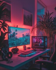 Poster - Cyberpunk Gaming Sanctuary Immersive Neon-Lit Workstation with High-Performance RGB PC, Tropical Ambient Aesthetic for Digital Creators and Esports Enthusiasts