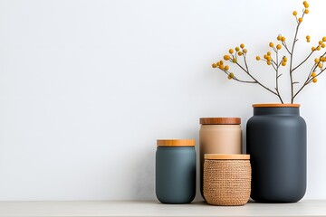 Poster - Diverse storage containers made of cardboard wicker and metal are neatly arranged on a light wooden table showcasing their functionality and visual appeal in a crisp