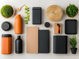 Poster - Diverse Assortment of Storage Containers in Cardboard Wicker and Metal Designs Neatly Displayed on Wooden Tabletop Offering Versatile Storage Solutions for a Tidy and Organized Home Aesthetic