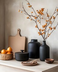 Poster - Diverse storage options from cardboard boxes to wicker baskets and sleek metal containers meticulously organized on a light wooden table
