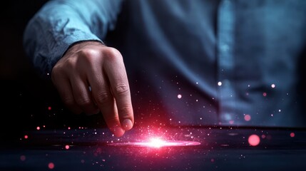 Poster - A visually striking image of a hand poised above a dark surface, with ethereal sparks emanating from an unseen source, representing creativity, innovation, and the power of ideas in motion.