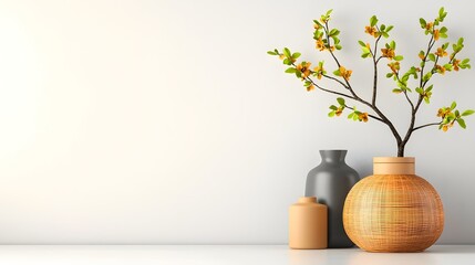Poster - Diverse storage solutions including cardboard boxes wicker baskets and metal containers displayed on a light wooden table with a clean minimalist aesthetic and Scandinavian design influence