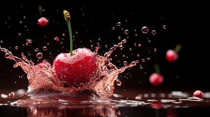 Poster - A lone cherry makes a striking splash in a calm pool of liquid, contrasting vibrant red with smooth textures to capture a moment of serenity juxtaposed with action.