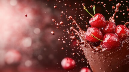 Poster - An array of cherries bursts upwards from a decadent chocolate pool, showcasing an artistic blend of flavors and colors that evoke a sense of delightful indulgence.