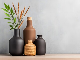 Poster - Elegant and functional arrangement of various storage containers in an array of shapes textures and materials such as cardboard wicker and metal elegantly displayed on a light wooden table