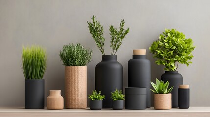 Poster - Elegant and functional display of various sized storage containers baskets and vases made from natural materials like wood cardboard and wicker