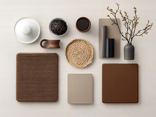 Poster - Elegant and minimalist flat lay composition featuring an assortment of storage solutions in various sizes materials and finishes including cardboard wicker