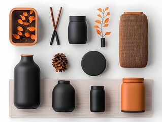 Poster - Elegant and Organized Collection of Various Storage Containers on Wooden Surface   Minimalist Flat Lay with Cardboard Wicker and Metal Pieces for a Visually Appealing and Well Organized Home