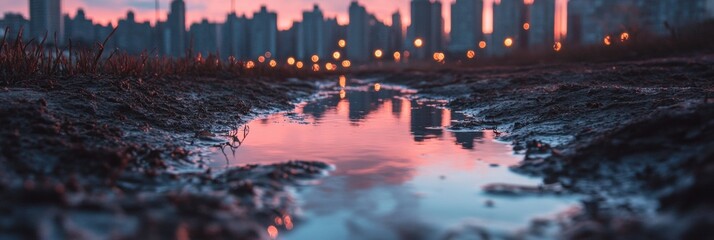Aufkleber - Urban Climate Crisis Visualized Dystopian Cityscape Reflecting in Desolate Riverbed - Innovative Environmental Storytelling for Sustainable Urban Planning