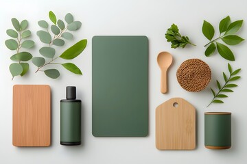Poster - Elegant flat lay composition highlighting a thoughtful selection of sleek metal and rustic wicker storage solutions artfully arranged on a light wooden tabletop  This clean