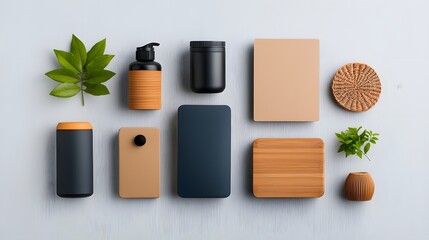 Poster - Elegant flat lay composition showcasing an assortment of versatile storage solutions including cardboard wicker and metal containers in diverse shapes and sizes