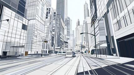 Poster - Vibrant city street scene featuring diverse architectural styles and dynamic geometric shapes interacting with light and shadows.
