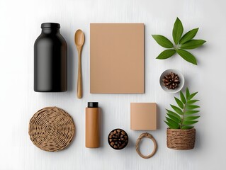 Poster - Flat lay composition of an assortment of storage containers  cardboard  wicker  and metal pieces neatly arranged on a light wooden surface