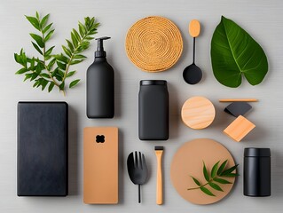 Poster - Flat lay composition featuring an array of storage containers in diverse shapes and textures including cardboard wicker and metal pieces neatly arranged on a light wooden surface