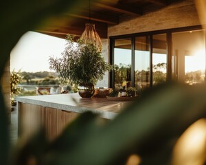 Leinwandbilder - Biophilic Design Sanctuary Sustainable Living Space with Golden Hour Warmth, Minimalist Interior Merging Nature and Architecture for Wellness-Driven Modern Lifestyle