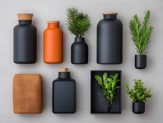 Poster - Flat lay featuring an eclectic mix of storage containers in various materials and shapes including cardboard wicker and metal meticulously displayed on a light wooden backdrop