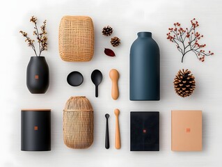Poster - Flat lay featuring an eclectic mix of storage containers in various materials and shapes including cardboard wicker and metal meticulously displayed on a light wooden backdrop