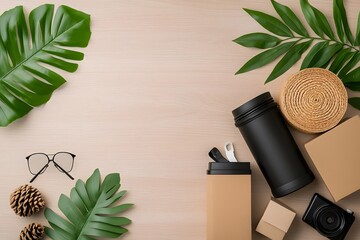 Poster - Flat lay image of a cohesive and functional home organization vignette featuring an artful arrangement of diverse storage containers in cardboard wicker