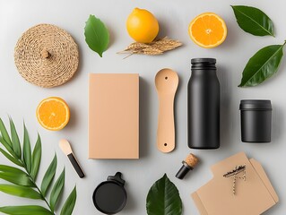 Poster - Flat lay image showcasing a variety of stylish storage containers including cardboard wicker and metal in an elegant and organized arrangement on a light wooden table