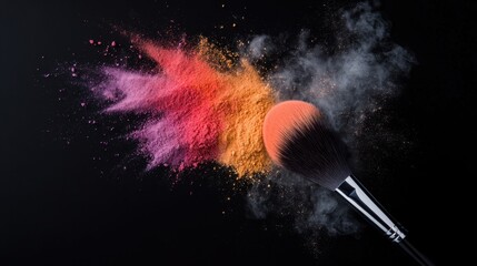 Poster - A stunning visual of a makeup brush creating a vibrant splash of powder, capturing the essence of creativity and the allure of beauty in everyday life.