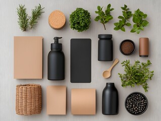 Poster - Flat lay showcasing a variety of eco friendly storage solutions in assorted shapes sizes and finishes   including cardboard wicker and metal pieces neatly arranged on a light wooden surface
