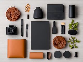 Poster - Flat lay showcasing a variety of storage containers baskets and organizational pieces in different shapes sizes and materials such as cardboard wicker and metal