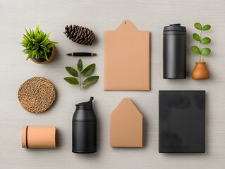 Poster - Flat lay showcasing a variety of storage solutions in assorted shapes sizes and finishes   cardboard wicker and metal pieces neatly arranged on a light wooden surface