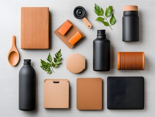 Poster - Flat lay showcasing a visually appealing collection of storage containers in diverse shapes textures and materials