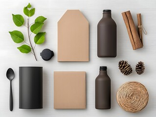 Poster - Flatlay display of various storage containers including cardboard wicker and metal pieces neatly arranged on a light wooden surface