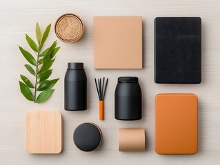 Poster - Functional Elegance Flat Lay Featuring an Eclectic Mix of Storage Containers in Various Natural Materials and Shapes Meticulously Displayed on a Light Wooden Backdrop