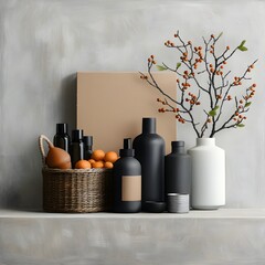 Poster - Harmonious and functional display of various storage containers crates hampers and canisters artfully arranged on a pale wood surface showcasing a midcentury modern aesthetic with a warm