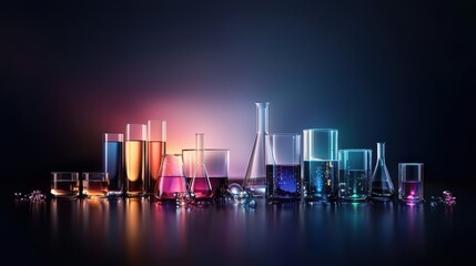 Poster - Futuristic Chemical Research Lab with Illuminated Glassware and Colorful Liquids on a Sleek Dark Surface