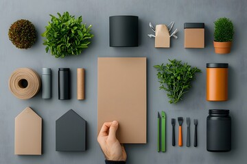 Poster - Meticulously arranged flat lay composition showcasing a variety of practical home storage containers in diverse materials like cardboard wicker and metal