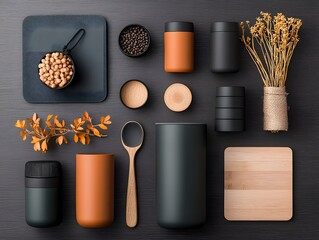 Poster - Meticulously arranged flat lay composition showcasing an assortment of stylish storage containers in a range of natural materials and muted color tones