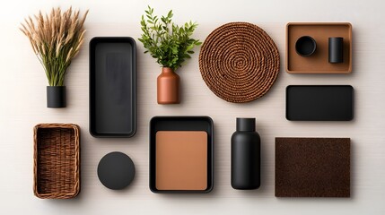 Poster - Meticulously arranged flat lay featuring a diverse collection of rustic cardboard crates natural wicker bins and modern metal trays strategically placed on a light oak surface