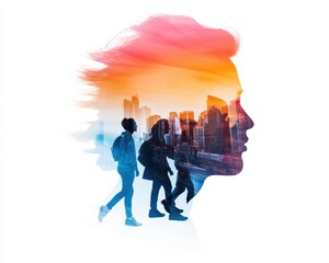 Leinwandbilder - Urban Consciousness Vibrant Double Exposure Cityscape Revealing Digital Transformation and Millennial Connectivity in Next-Gen Urban Experience
