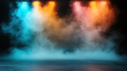 Poster - An artistic representation of swirling smoke illuminated by colorful lights, capturing the essence of abstract performance art in a visually striking manner.