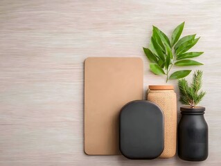 Poster - Meticulously arranged flat lay showcasing an array of practical storage containers in diverse materials and shapes including cardboard wicker and metal set against a light wooden backdrop